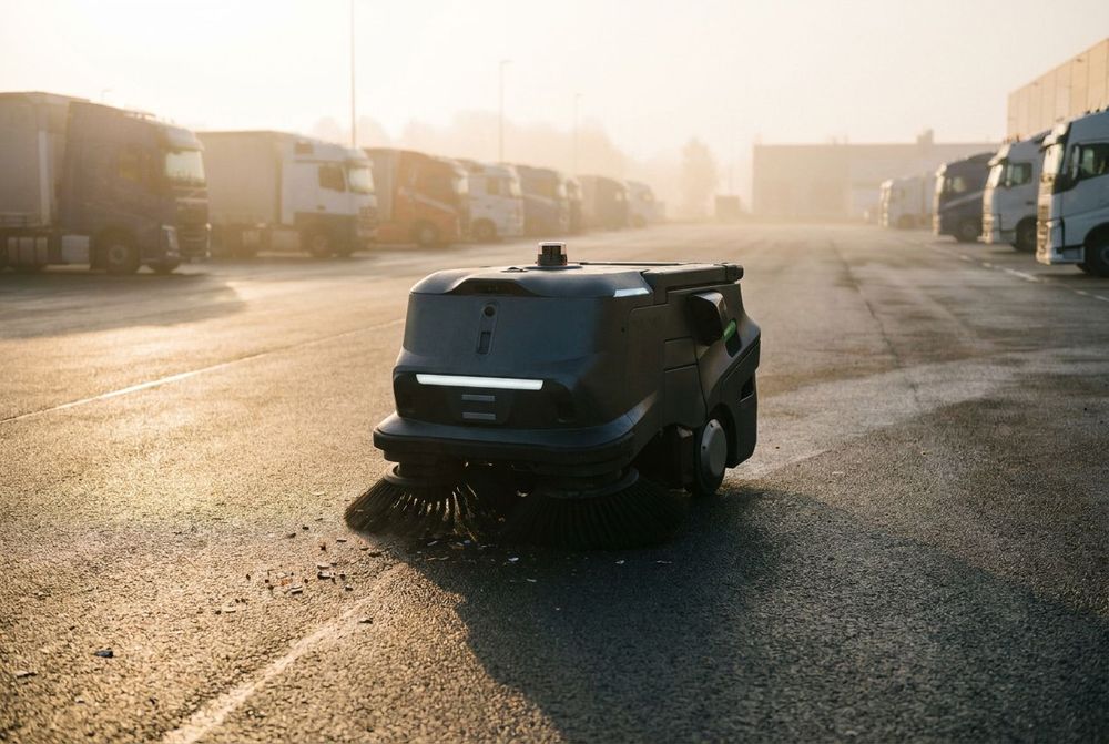 Reinigungsroboter kehrt einen großen Terminal-Parkplatz bei Sonnenaufgang