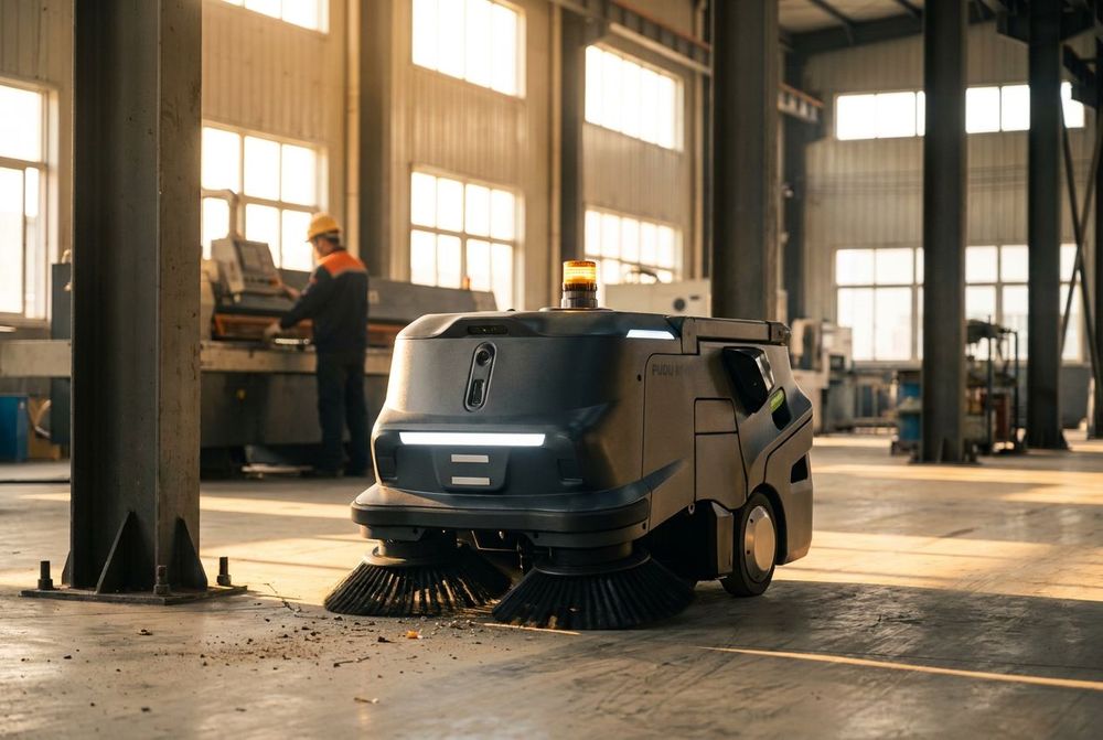 Reinigungsroboter reinigt den Boden einer Produktionshalle