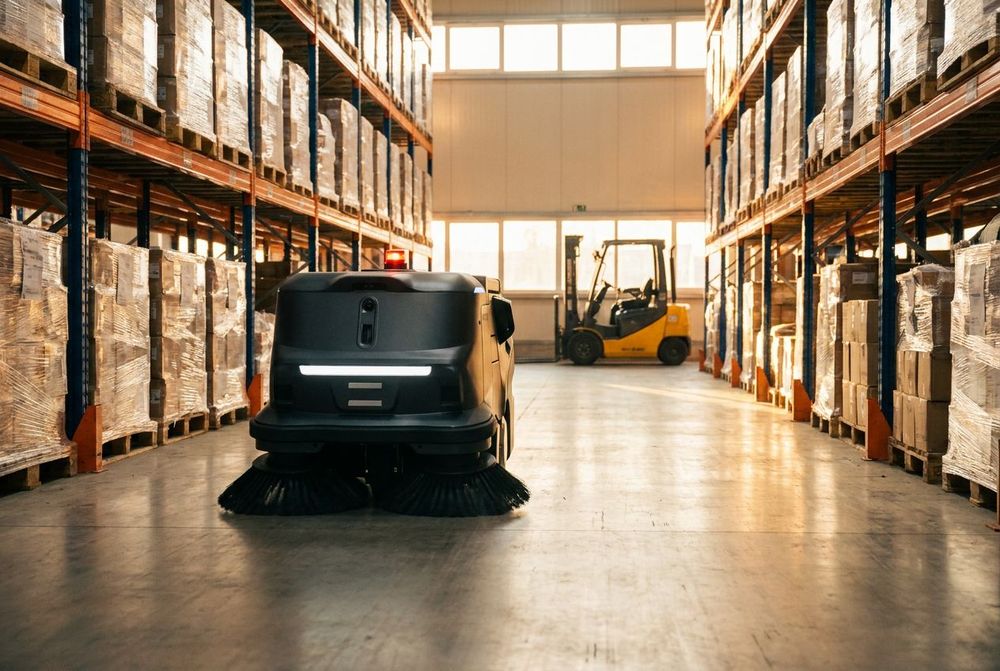 Reinigungsroboter kehrt den Hauptgang einer Lagerhalle mit Hochregalen