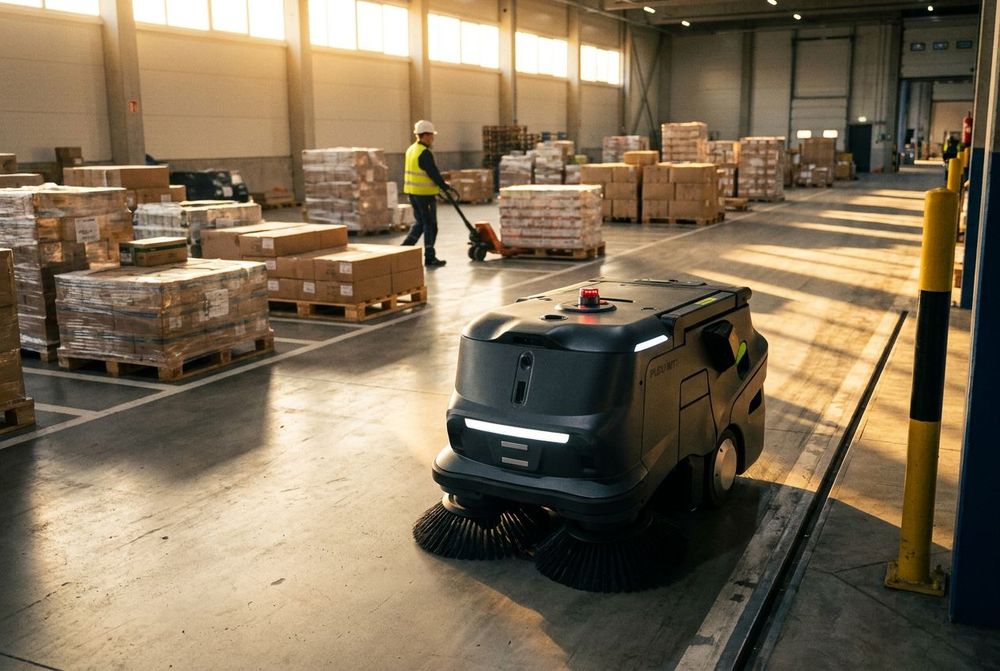 Reinigungsroboter arbeitet am Rand einer Umschlaghalle mit Palettenverkehr