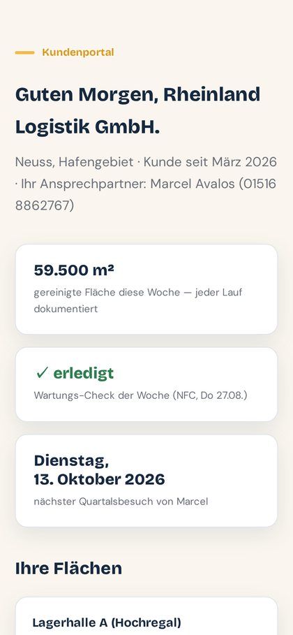 Kundenportal auf dem Smartphone: gereinigte Fläche, Wartungs-Check, nächster Besuch