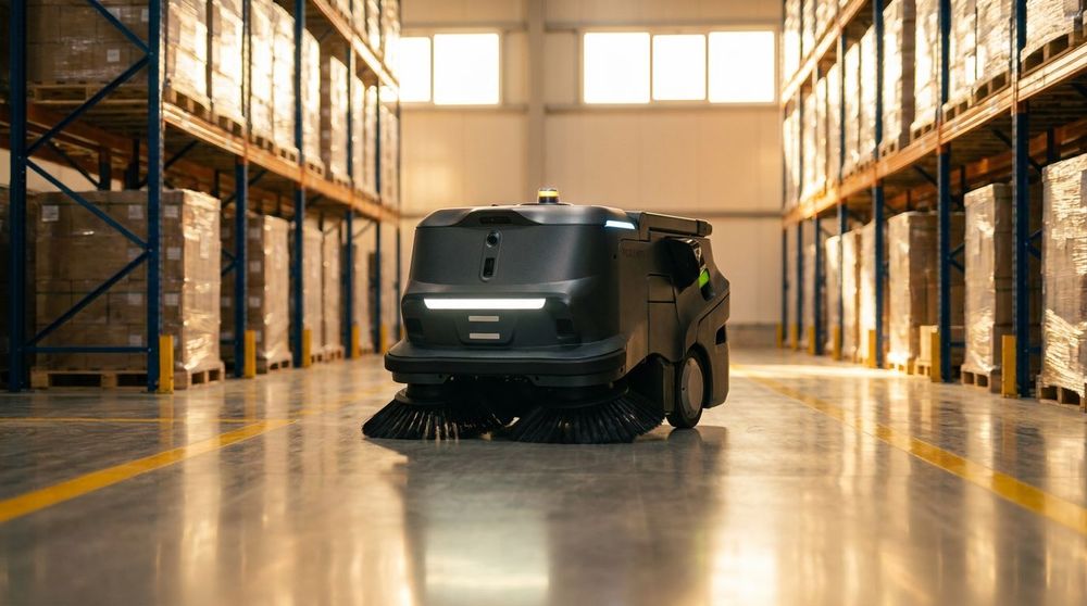 Moderner autonomer Kehrroboter zwischen Hochregalen in der Lagerhalle